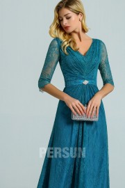 Elegant pine green lace evening dress for wedding guest with sleeves