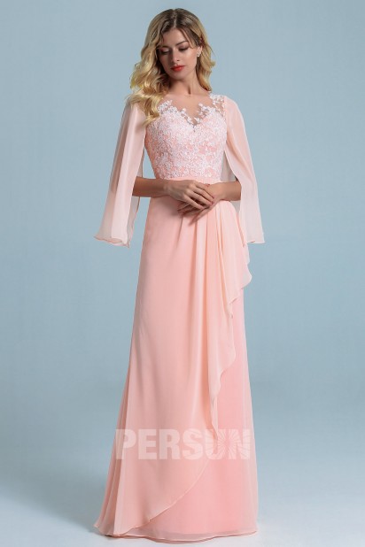 Long bohemian embroidered pink prom dress with cape sleeves