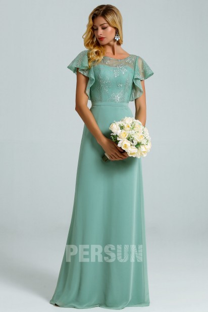 green Mint Chiffon Dress top in lace with Cascading cape Sleeves for evening wedding