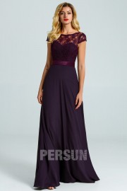 Purple Long Bridesmaid Dress with detachable Lace Cap for Wedding Party