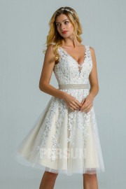 Charlotte: Short vintage lace wedding dress v-neck notched back