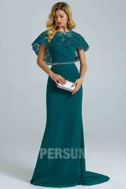 Teal mermaid evening dress strapless with detachable lace cape