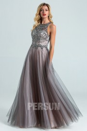 Jewel Neck Tulle Long grey pink Prom Formal Dress with Beads