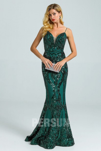 Mermaid Spaghetti Straps Sequined Sparkly dark green prom dress