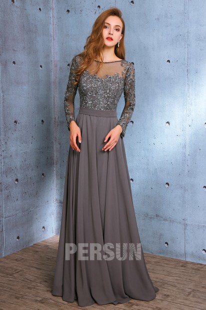 Dark Grey Evening Dresses / Mother Dress Beaded Backless with Long Sleeve Lace Applique 