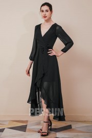 Wrap-over evening dress with long sleeves, short in front, long in back