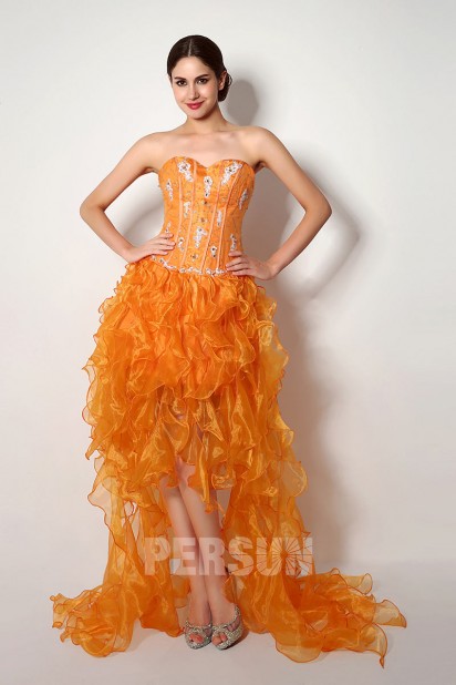 Orange strapless hight low prom dress fancy skirt