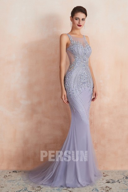 Elegant Jewel Mermaid Tulle Light Purple Prom Dress 2020