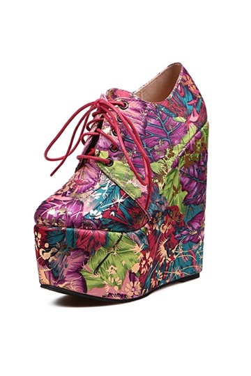 Flowers Print Lace Up Platfrom Boot