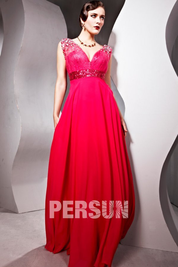 Semi Sheer Beading V neck Chiffon Red Evening Dress