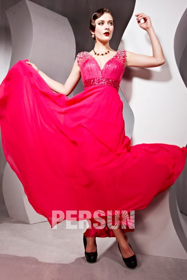 Semi Sheer Beading V neck Chiffon Red Evening Dress