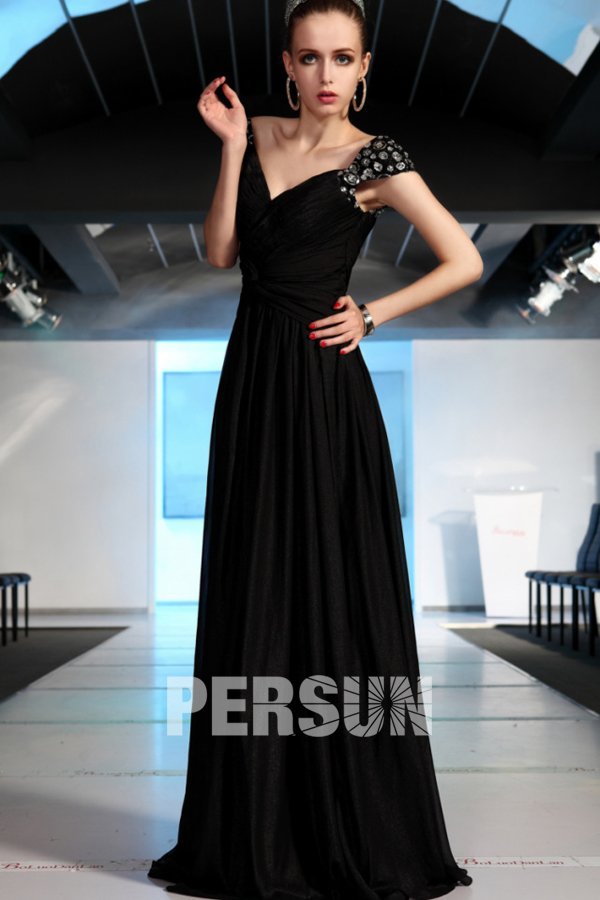 Beading V neck Tencel Black Column Formal Evening Dress