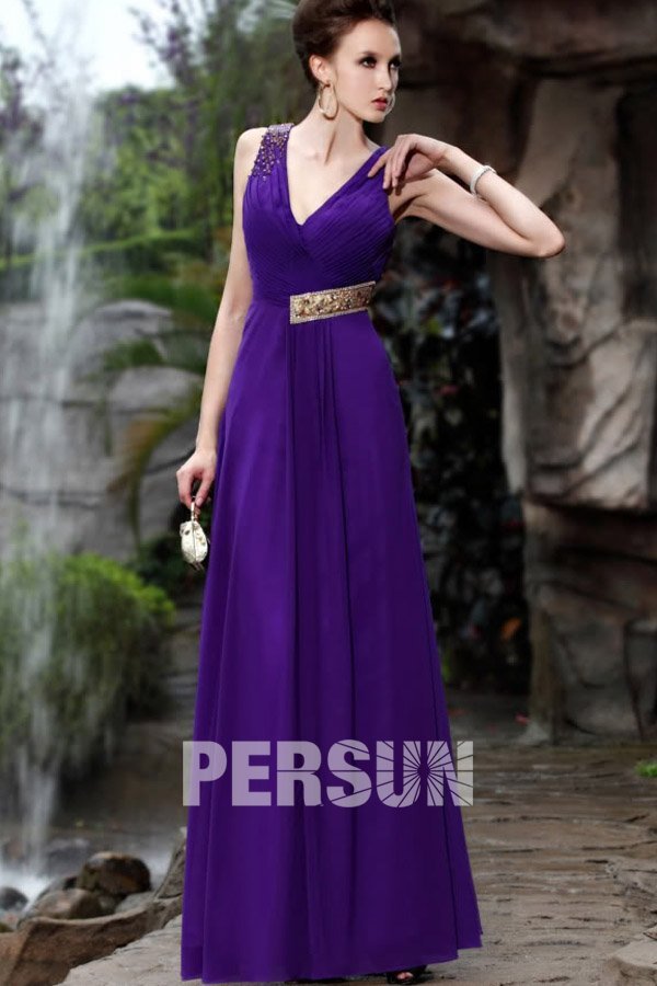 Beaded V neck Chiffon Purple Sheath Formal Evening Dress