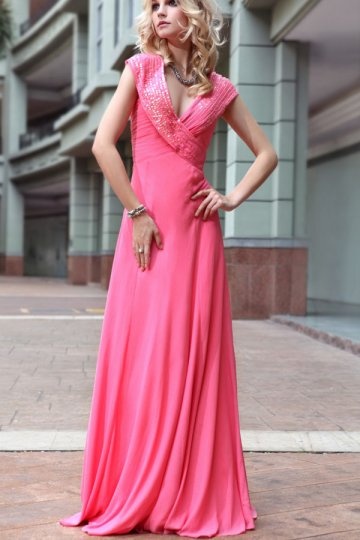 V neck Beaded Peach Evening Dress