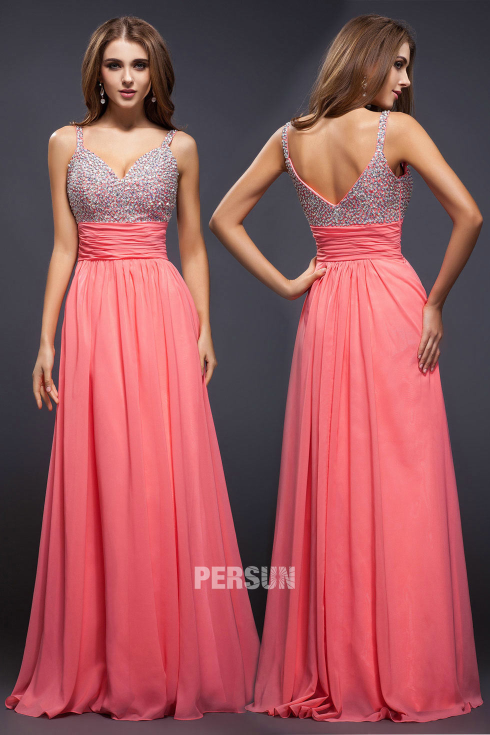Coral pink evening dress with beading bodice