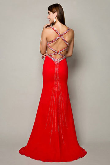 Sheath Spaghetti Strap Beaded Chiffon Evening Dress