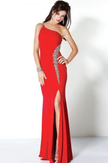 Chesterfield Satin One Shoulder Sequins Open Back Column Evening Gown