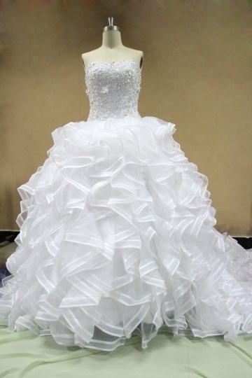 Dressesmall 2013 New Lace Ruffle Strapless Organza&Satin A line Chapel Train Wedding Dress