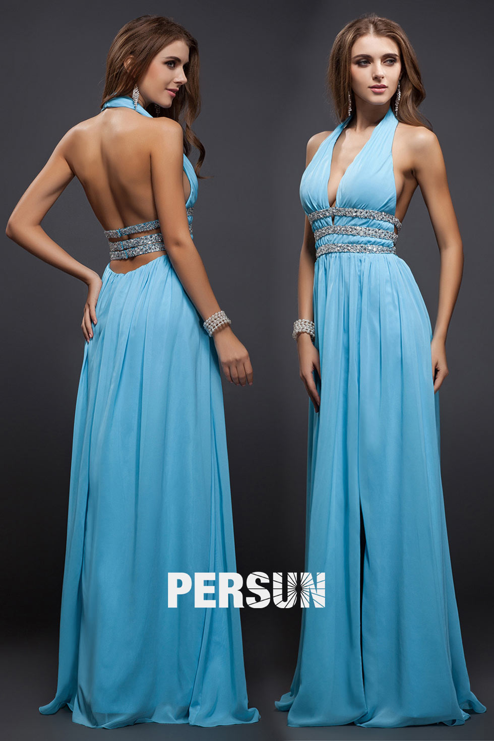 charming Beading V neck Halter bacless azury blue Chiffon A line Evening fomal prom Dress