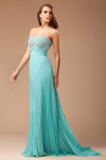2014 Strapless Pleated Beaded Prom / Evening Dress