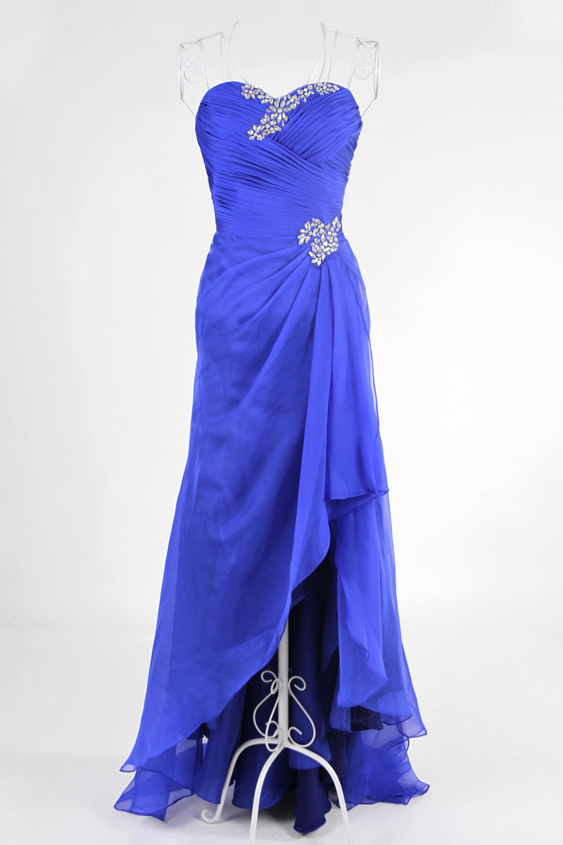 Elegant Beaded Split Front Sweetheart Strapless Chiffon Blue Formal Dress