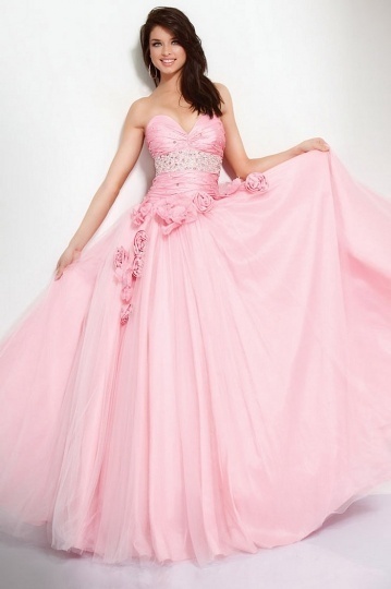 Gorgeous Ruching Beaded Sash Flowers details Tulle Pink Wedding Dress Persun