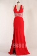 Low V neck Beaded Slit Front Red Chiffon Prom Dress