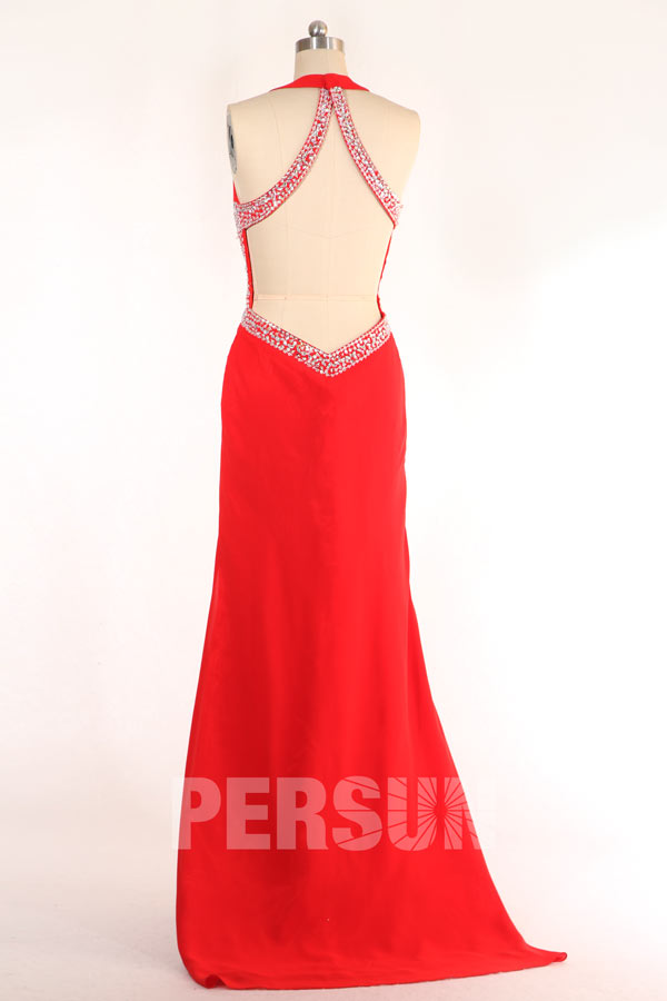 Sexy Beaded Split Front Low V neck Chiffon Red Formal Dress