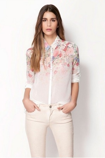  Ombre Flower Print Chiffon Shirt