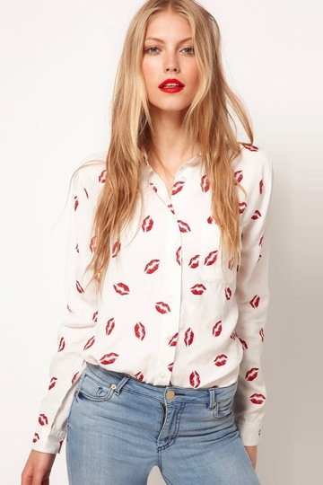 Red Lip Print Chiffon Shirt