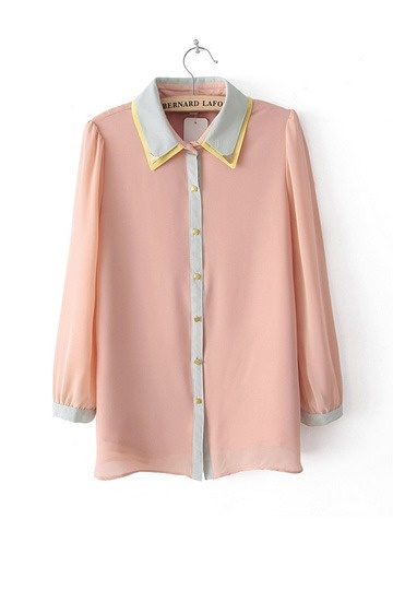 Sweet Lapel Color Contrast Chiffon Shirt