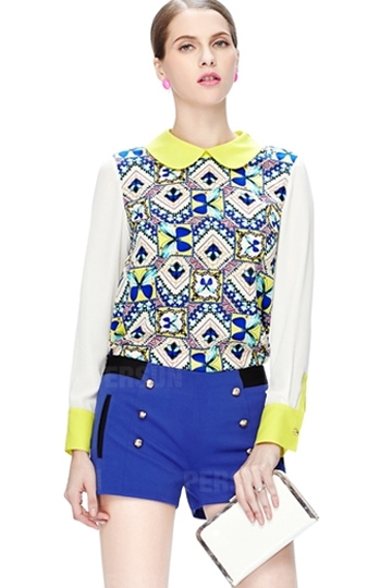  Zipper Back Detailed Pattern Chiffon Shirt