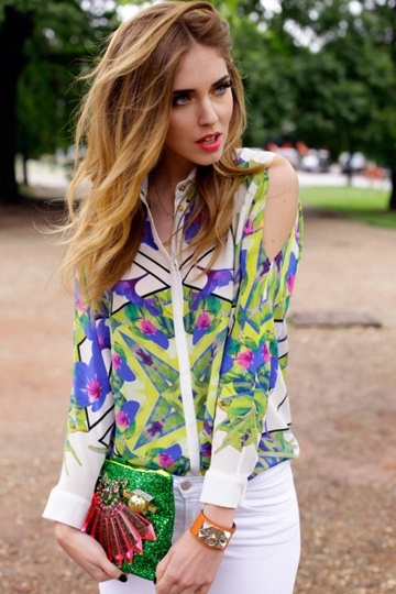Off-shoulder Geometric Printed Chiffon Shirt
