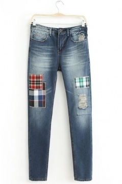 Bleached Distressed Jeans with Plaid Patch