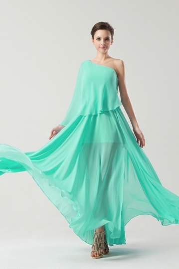 Mint green Draping Chiffon Sheer One shoulder Long Bridesmaid Dress Persun