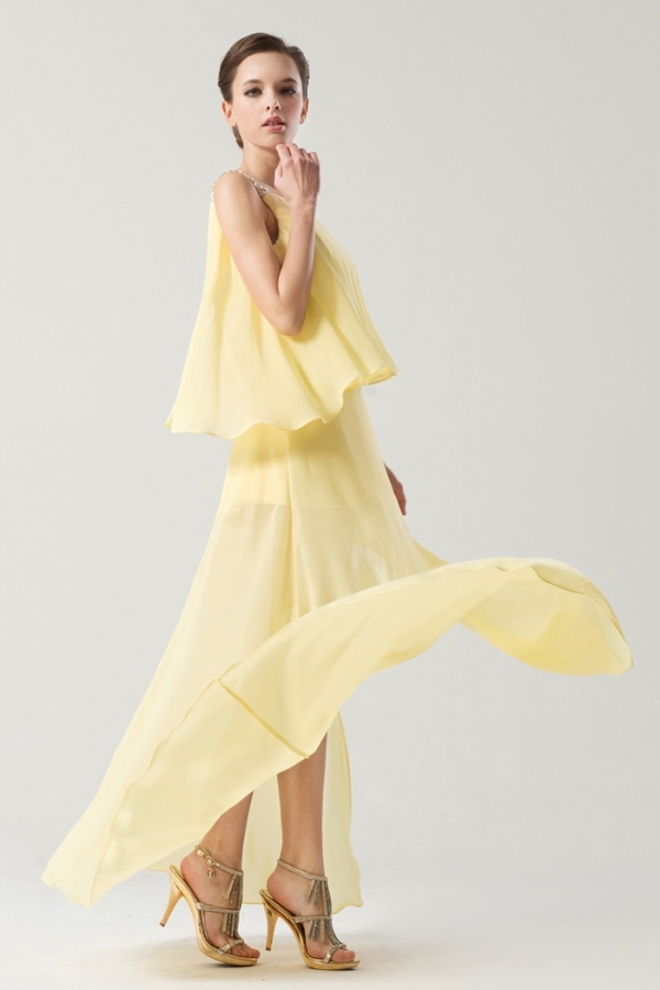 One shoulder Yellow tone Long sleeve Split front Prom Dress