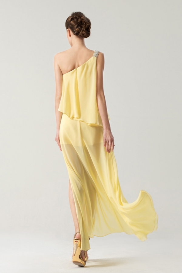 One shoulder Yellow tone Long sleeve Split front Prom Dress