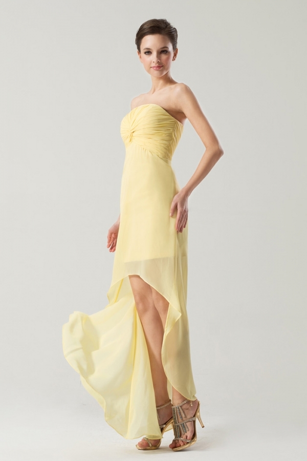 High low Yellow tone Modern Column Strapless Formal Bridesmaid dress
