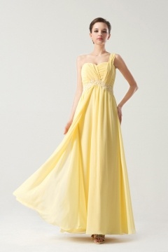 Pale Yellow One shoulder Long Formal Bridesmaid Dress with Ruching