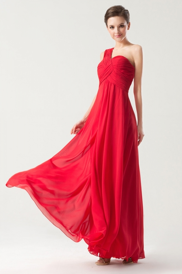Red tone Simple One shoulder Empire Ruching Long Formal Bridesmaid dress