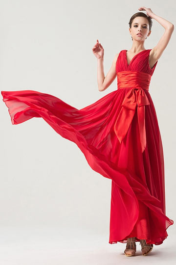 Sleeveless Red Empire Ruching Sash Long Bridesmaid Dress