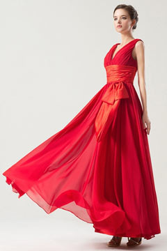 Sleeveless Red Empire Ruching Sash Long Formal Bridesmaid Dress