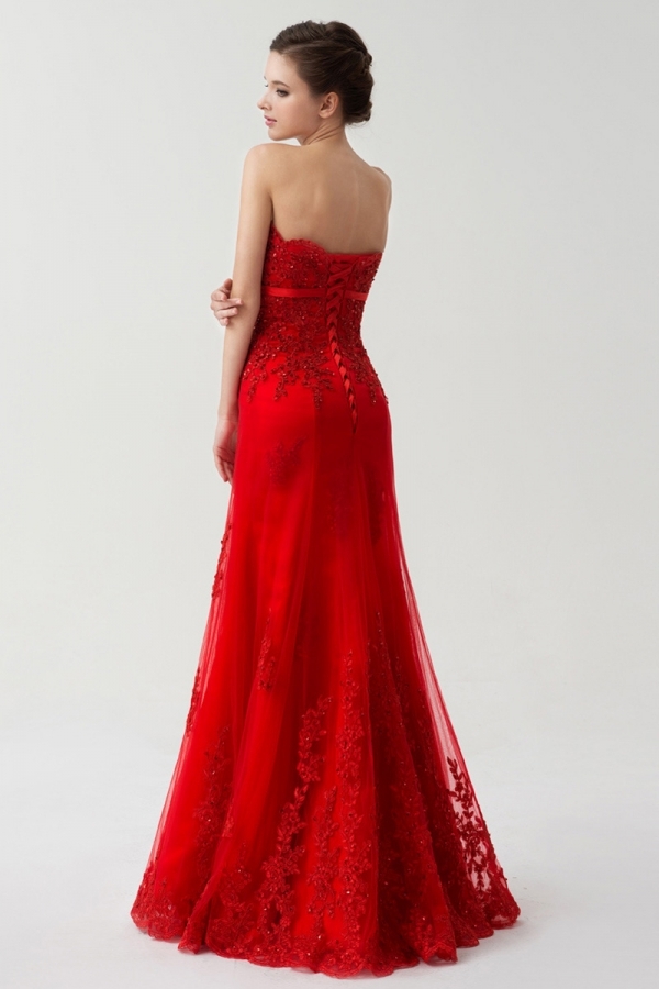 Sexy Strapless Tulle Sleeveless Beading Long Red Formal Dress