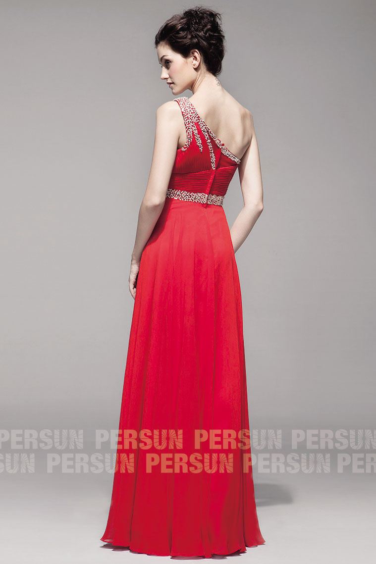  long red one shoulder beading wedding dress back design