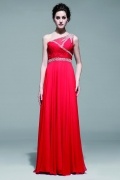 Long Ruched Evening Gown in red chiffon with beading details