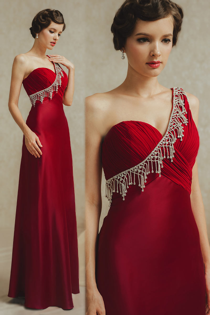 Modern Column One Shoulder Empire Beads Red Evening Dress