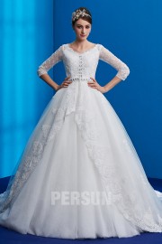 Princess Ball Gown Wedding Dresses Half Sleeve Lace Embroidered Beaded With Detachable Train