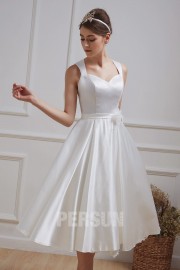 Midi Satin Wedding Dresses Vintage Queen Anne Neck Cut Out Back Sash With Flower