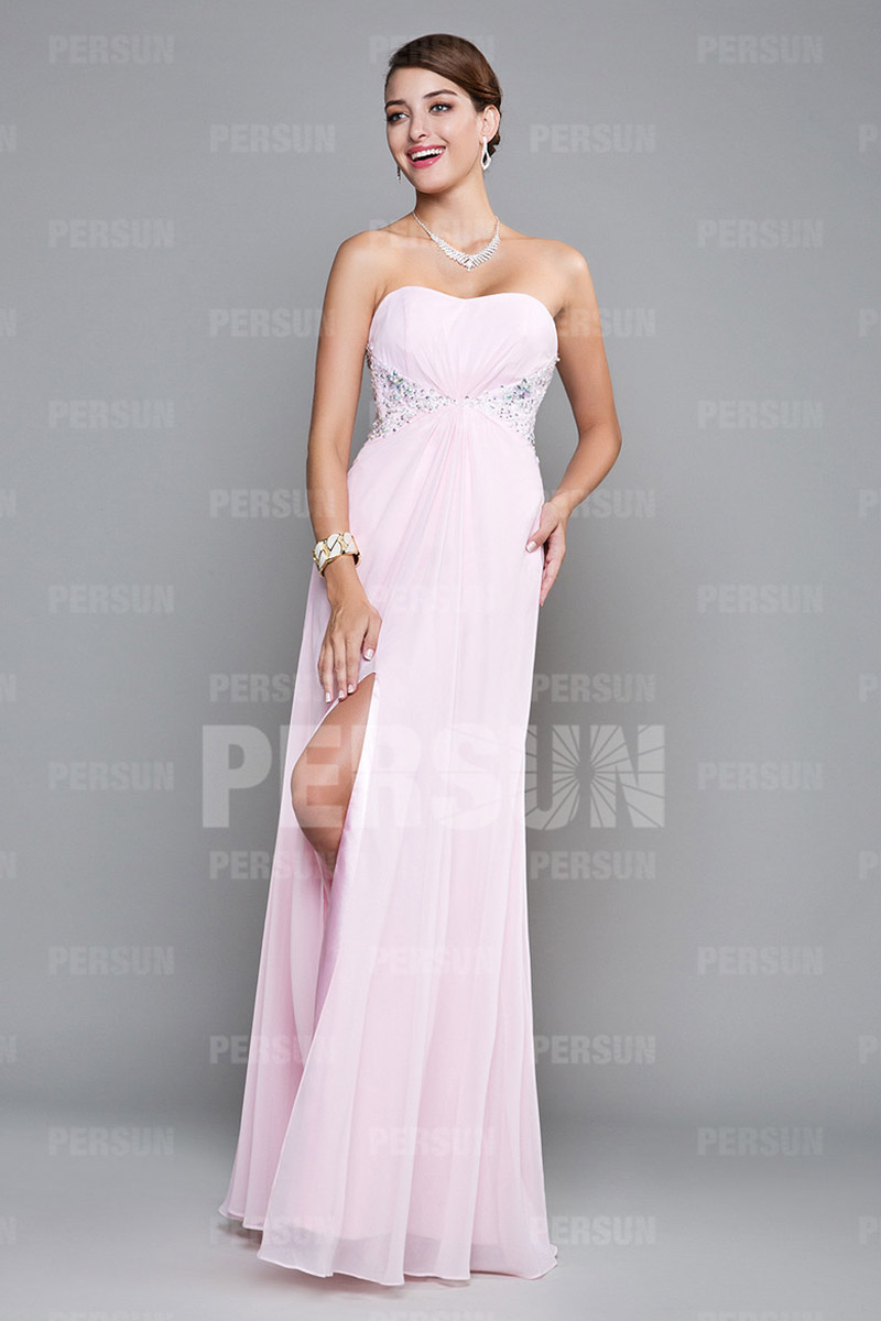 Sexy Side Slit Strapless Beading Pink Long Formal Dress