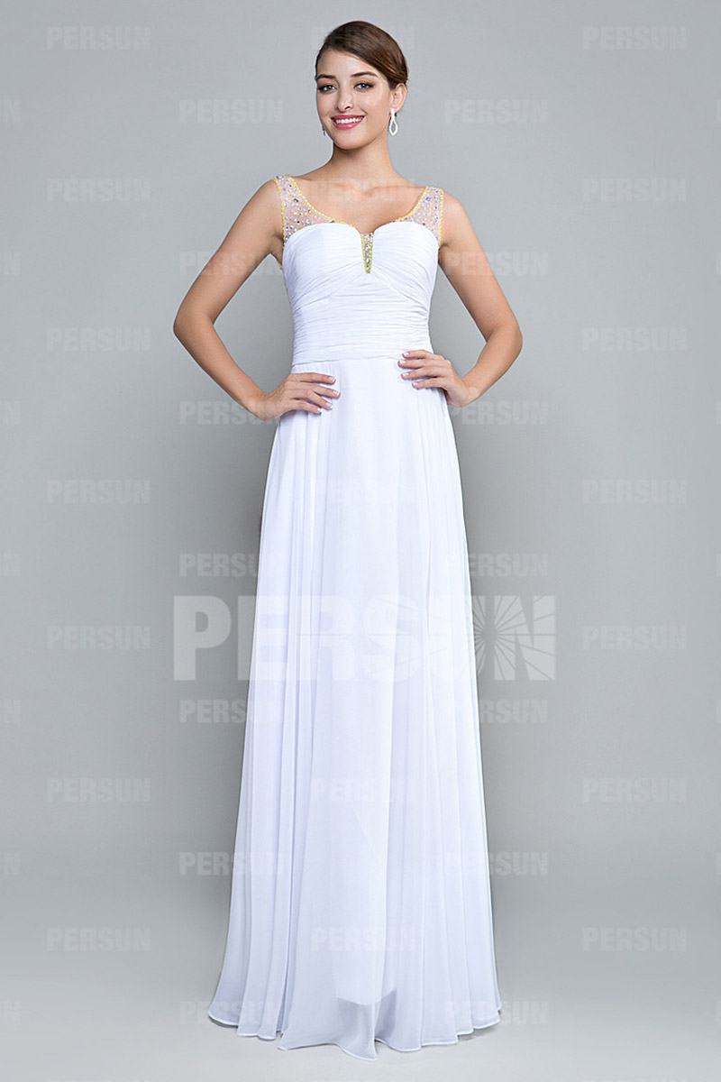 Gorgeous Beadings Straps White Chiffon Long Formal Dress